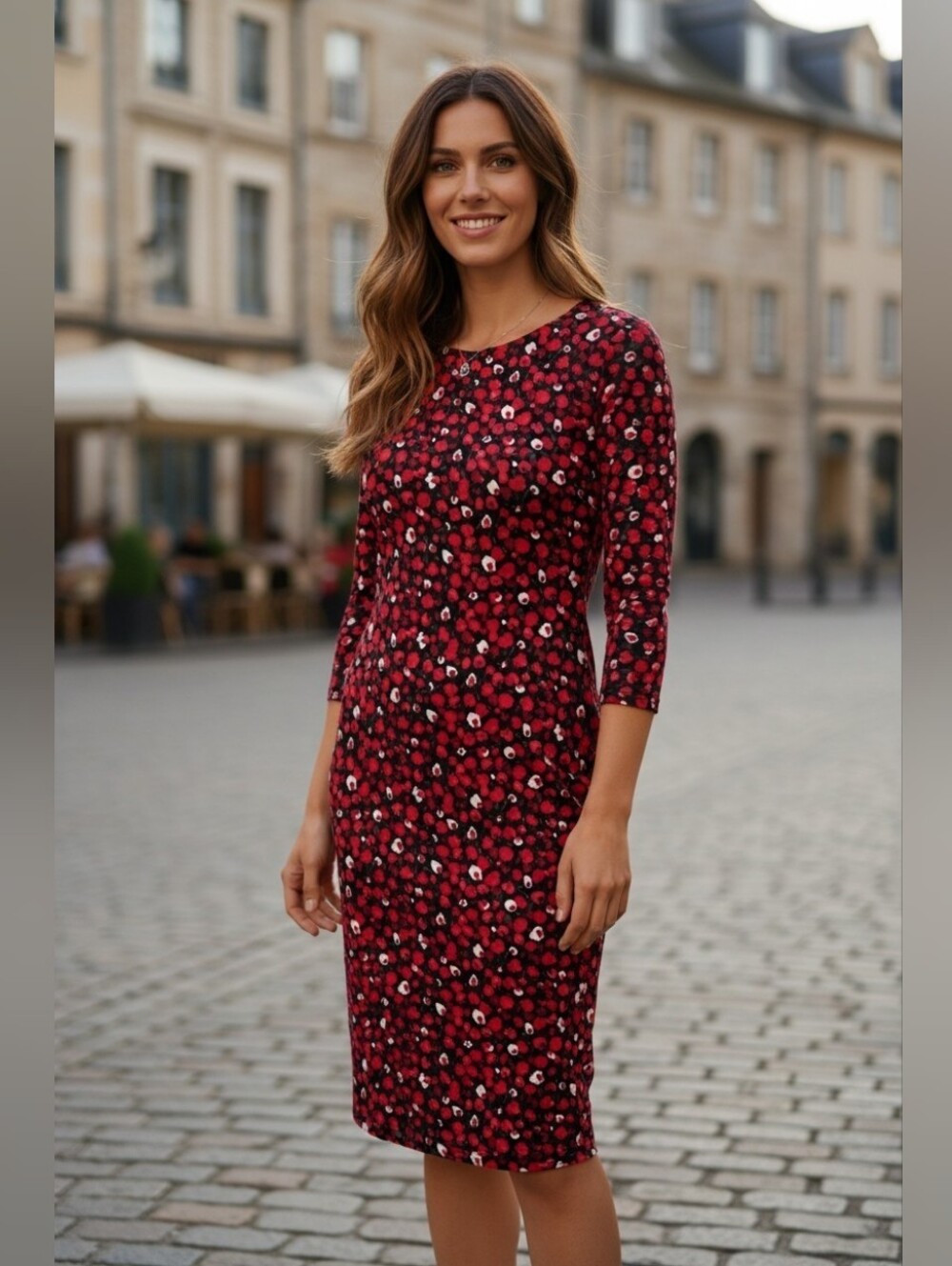 Ralph Lauren Red and Black Floral Midi Sheath Dress